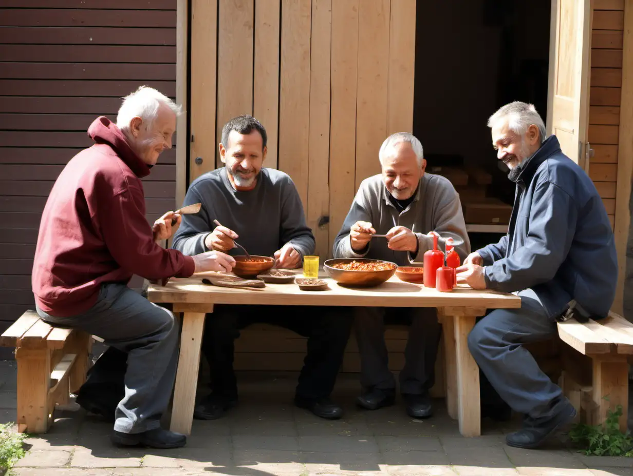 Woodworking Team Lunch Colleagues Enjoying Chili Con Carne in Sunlit Courtyard