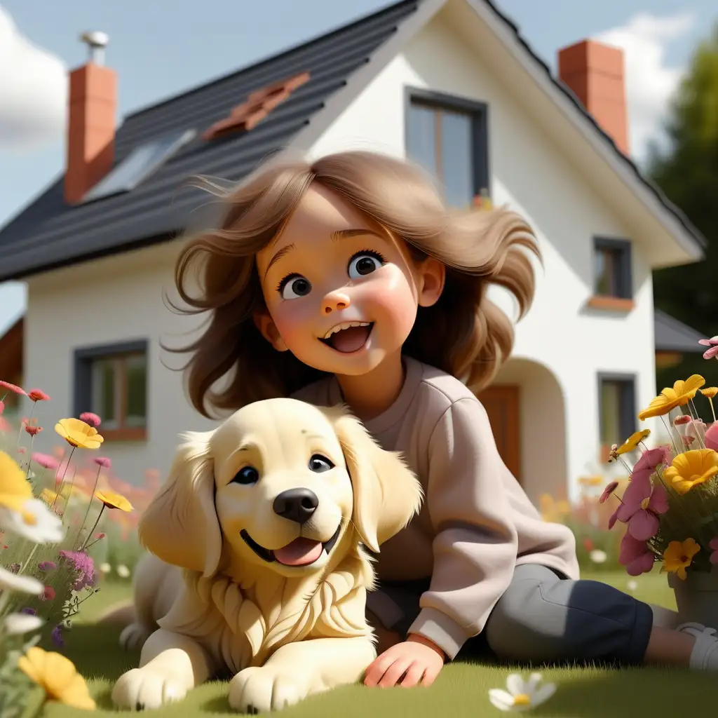 Craft a relaxed scene where the 3-year-old girl with dark brown hair, dressed in a playful outfit lays in the flower meadow. A cute Golden Retriever puppy joyfully sits beside her. She is dreaming about the advantages of her home. She is looking happily. In the background a house with a white facade, anthracite-colored pitched roof, and anthracite-colored window frames, portraying an inviting and modern appearance can be seen.