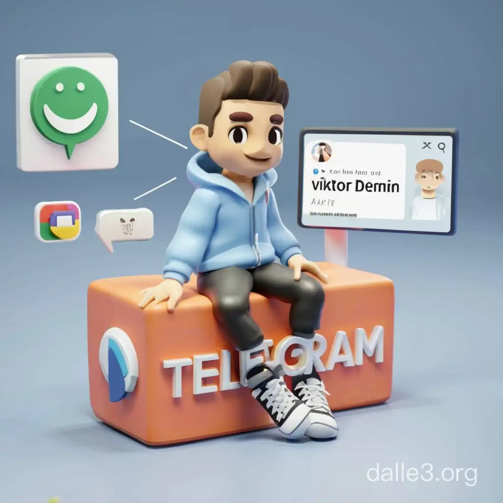 Draw an animated 3D model of a guy dressed in a hoodie, pants and sneakers. Sitting on the Telegram messenger logo. In the background is the page of this messenger with the name Viktor Demin and the avatar of the animated 3D guy.