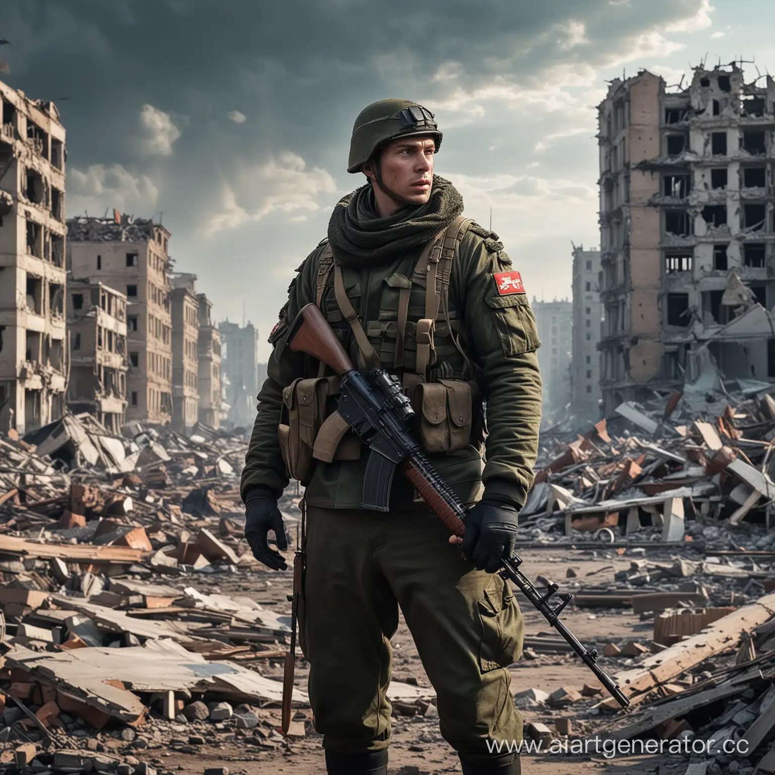 Солдат России на фоне разрушенного города