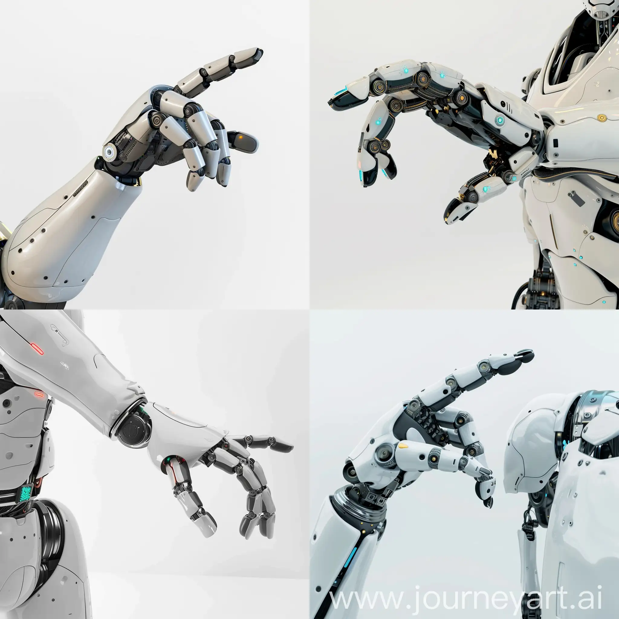 人工智能机器人，手指向带有黏性的表面，触碰手势， 3D 渲染，白色背景上的孤立插图