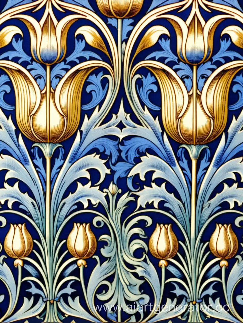aesthetic, art nouveau, decorative, design, detailed, floral, historic, HQ, ornamental, pattern, retro, textile, vintage, wallpaper, William Morris tulip in blue and gold colors