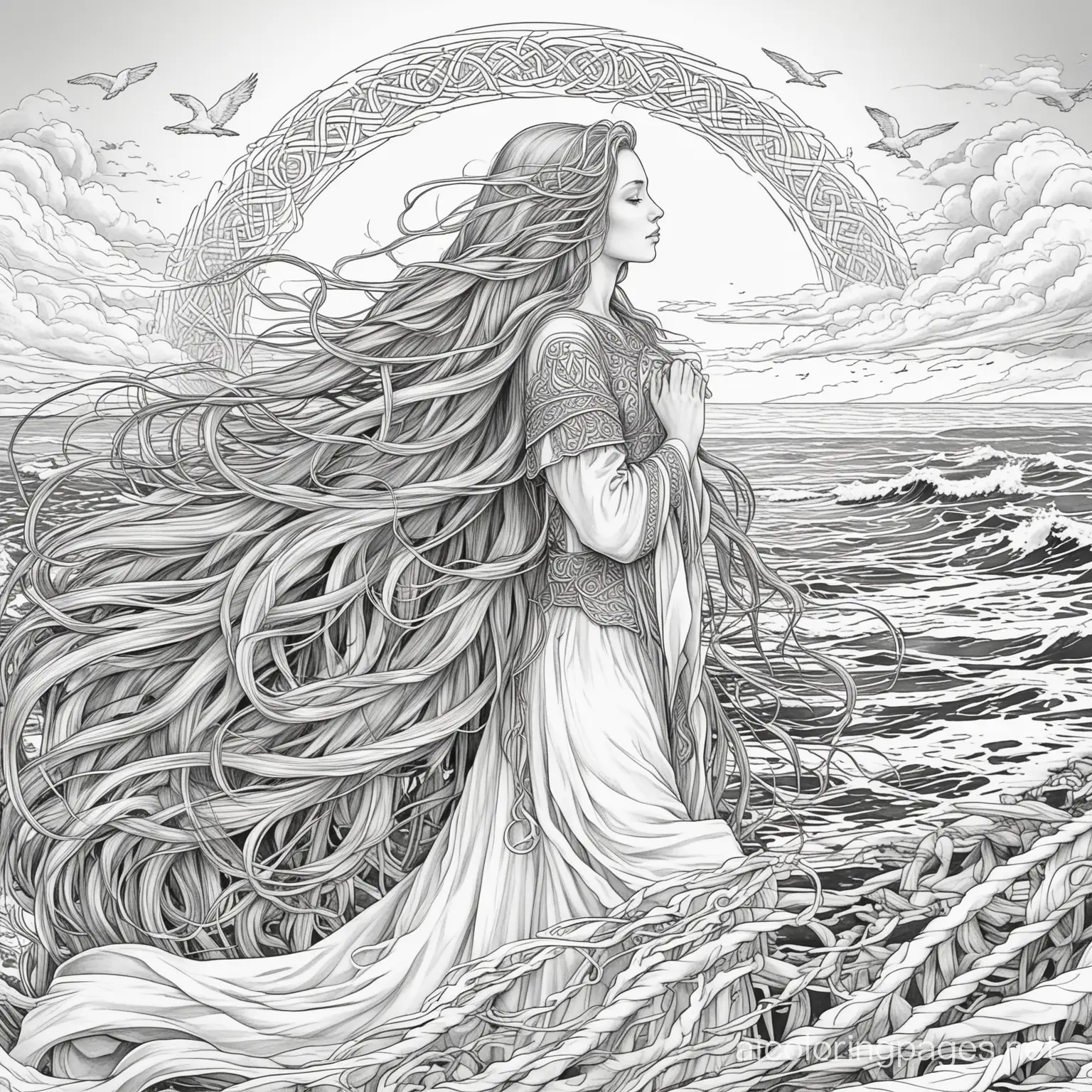 Celtic holy saint with long hair overlooking ocean hair blowing in wind, Coloring Page, black and white, line art, white background, Simplicity, Ample White Space. The background of the coloring page is plain white to make it easy for young children to color within the lines. The outlines of all the subjects are easy to distinguish, making it simple for kids to color without too much difficulty