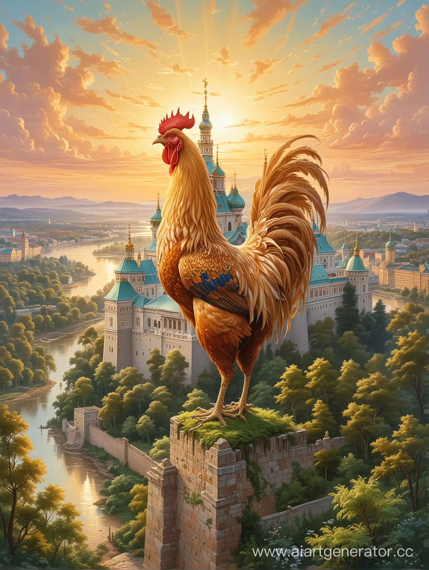 Majestic-Royal-Palace-with-Golden-Rooster-Tower-at-Sunrise