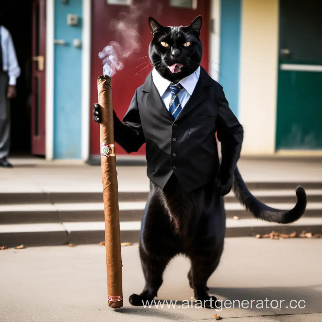 Стоящий в полный рост черный кот директор школы с огромный сигарой во рту.
На фоне школы 