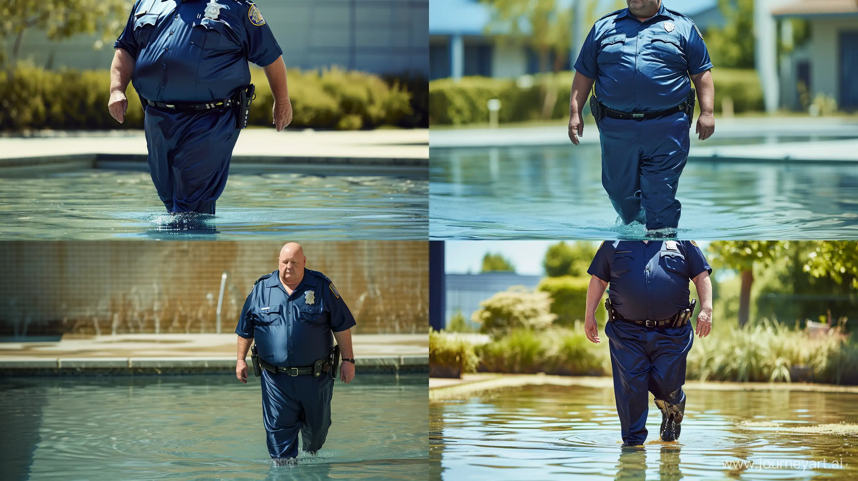 Photo of an obese man aged 70. Wearing a navy silky blue police office uniform, pants and shirt. He is walking in a shallow pool. Outside. High resolution. --style raw --ar 16:9 --v 6