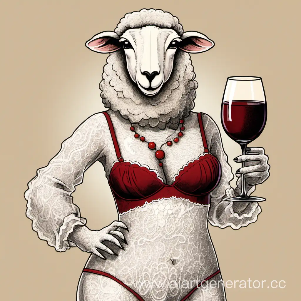 антропоморфная овечка в нижнем женском кружевном белье с бокалом красного вина в руке