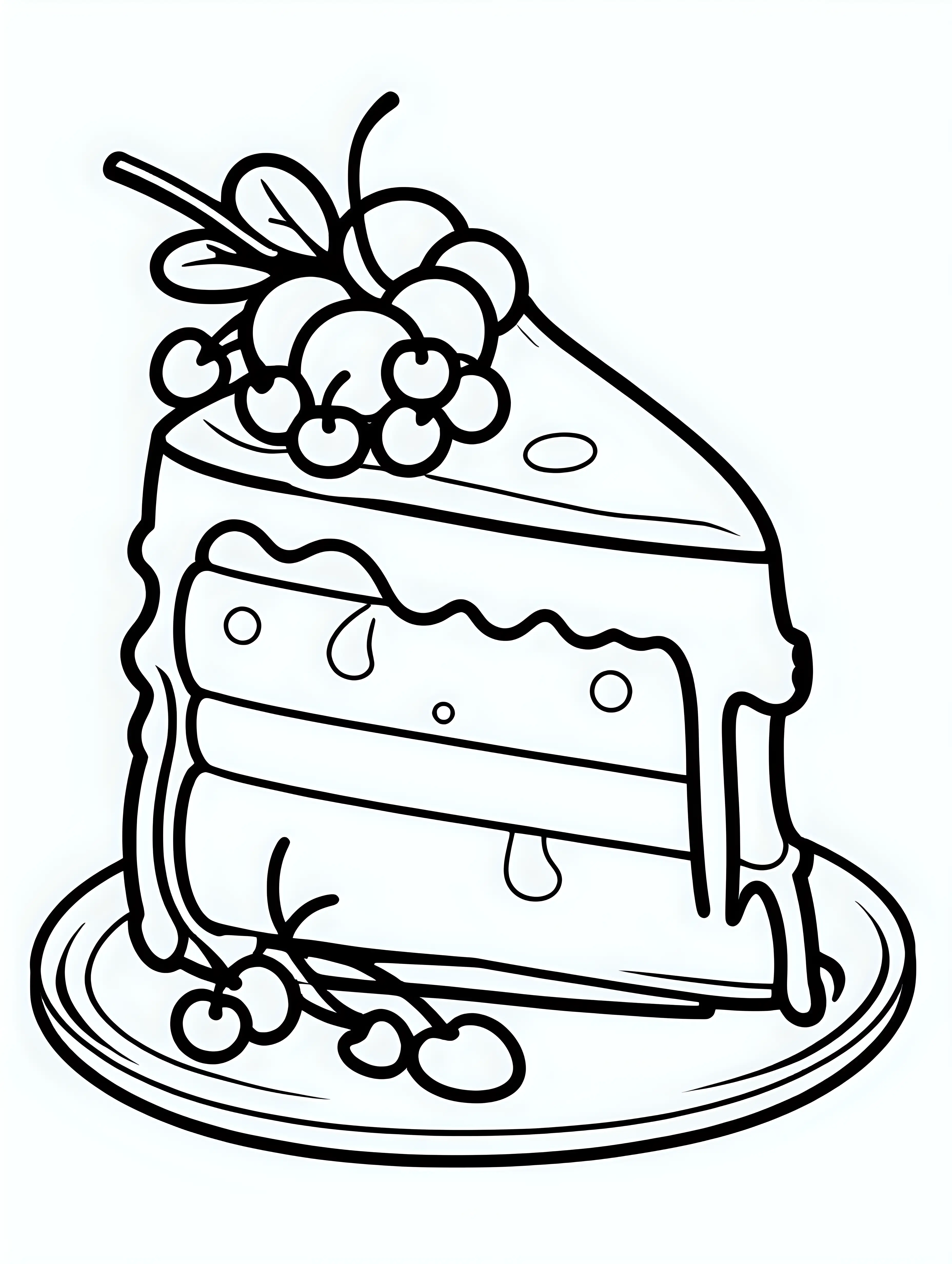 coloring book, cartoon drawing, clean black and white, single line, white background, cute large cherry cheesecake slice, emojis