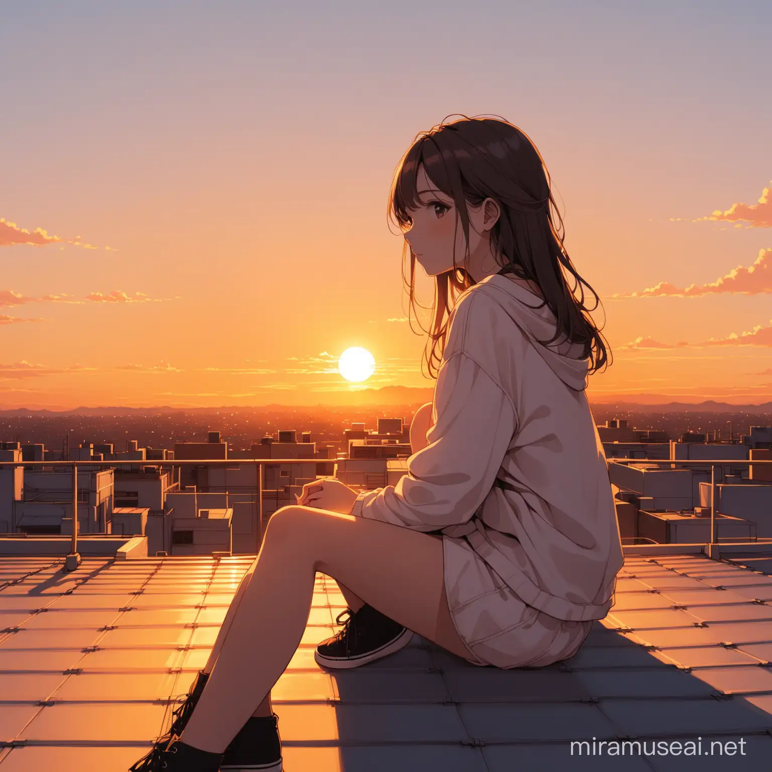 Aesthetic young girl seating on rooftop, sunset