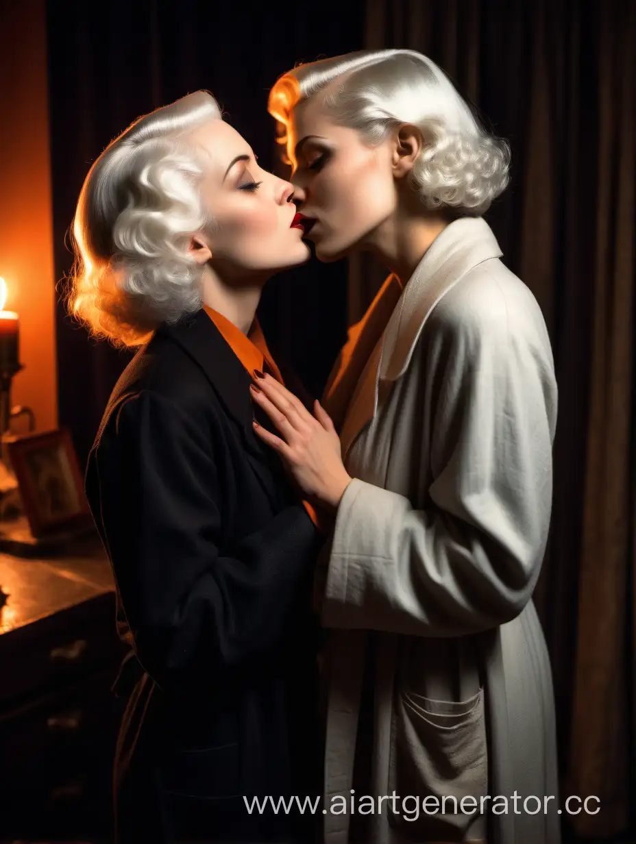 1930s-Styled-Women-Sharing-Tender-Kiss-Under-Orange-Candlelight