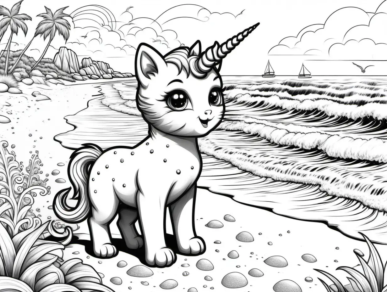 black and white coloring page for kids cartoon style kitten with unicorn with beach in background --ar 4:5