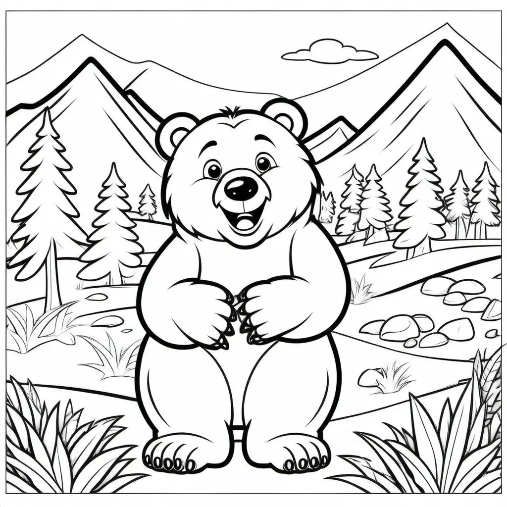 Create a coloring book page for 1 to 4 year olds. A simple cartoon cute smiling friendly faced Bear and its friendly faced parents with bold outlines in their native enviroment. The image should have no shading or block colors and no background, make sure the animal fits in the picture fully and just clear lines for coloring. make all images with more cartoon faces and smiling