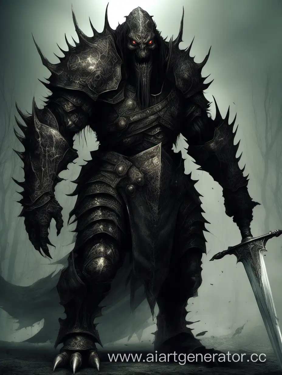 A very huge creature. His body is covered with armor, which is all old, dirty and black. He has a huge sword in his hands, which also looks terrible. The creature's face is almost invisible, only completely empty eyes are visible
