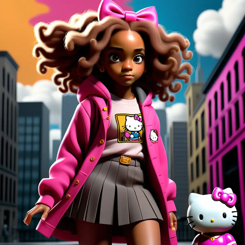 keep with the same image create an african american hermione granger, chase her ambitions, with a bright aesthetic look with her pal Hello Kitty