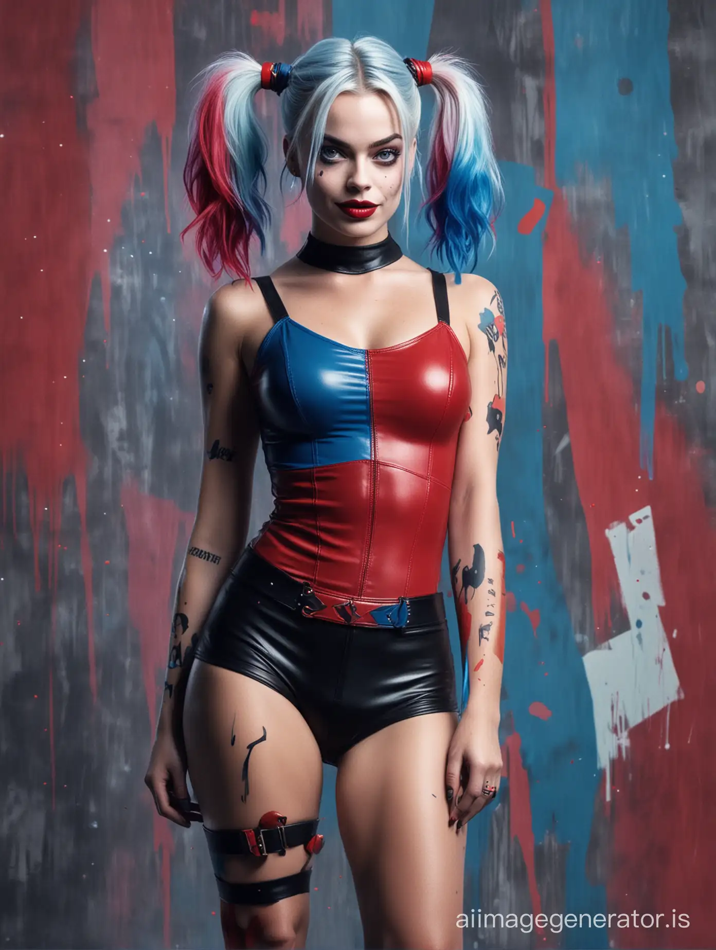 Margot robbie
Harley Quinn
Red blue hair
Abstract background
full Body

