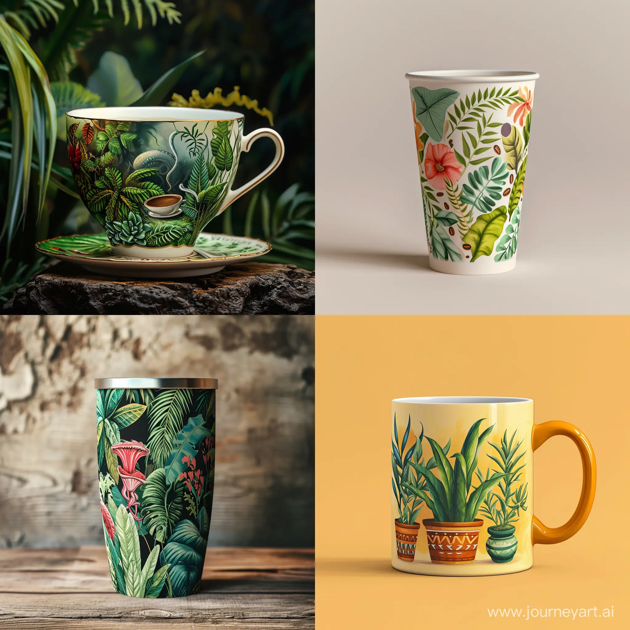 500 ml coffee cup featuring realistic art on the theme of coffee, plants, aliens, illustration style