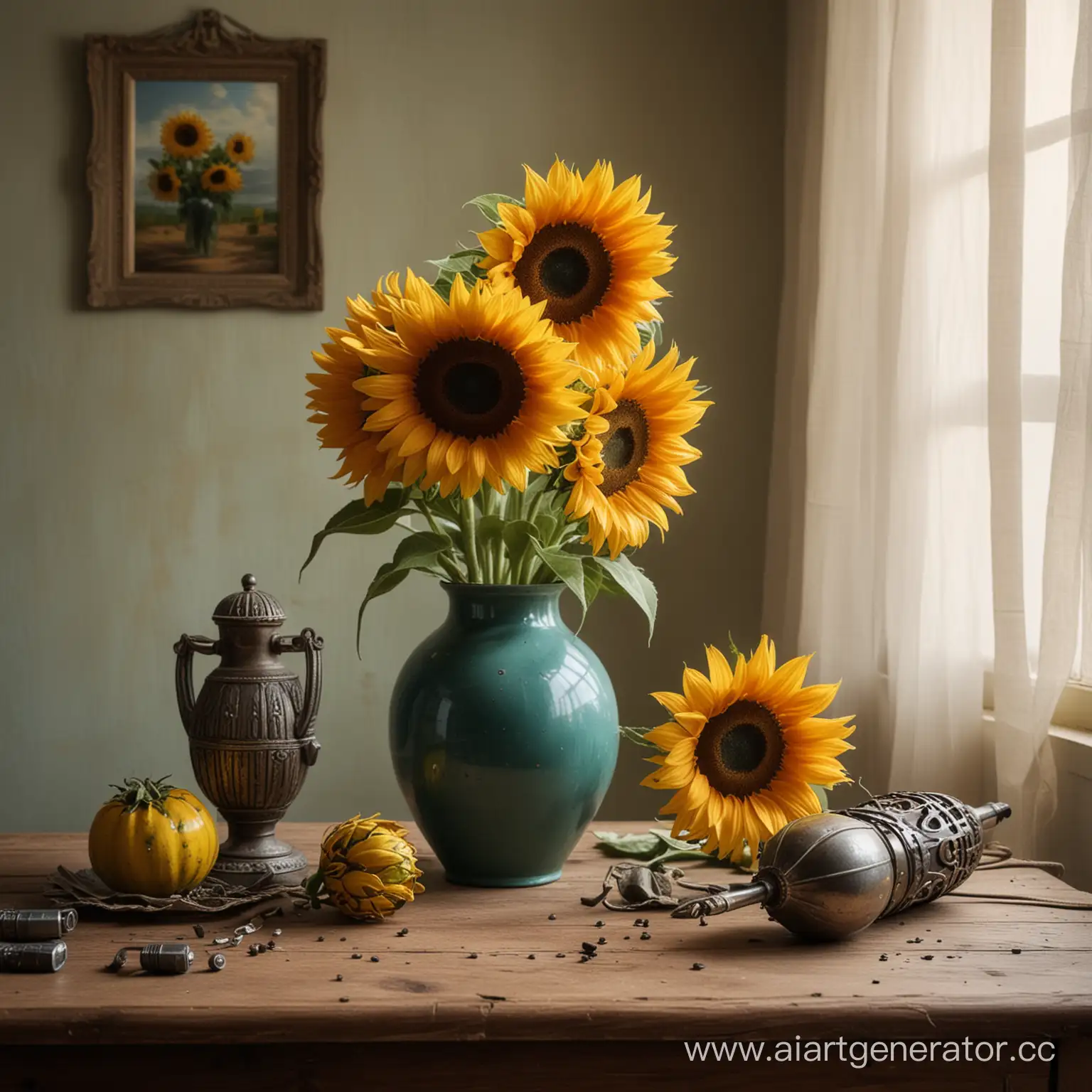 Surrealistic-Sunflowers-and-Grenade-Still-Life