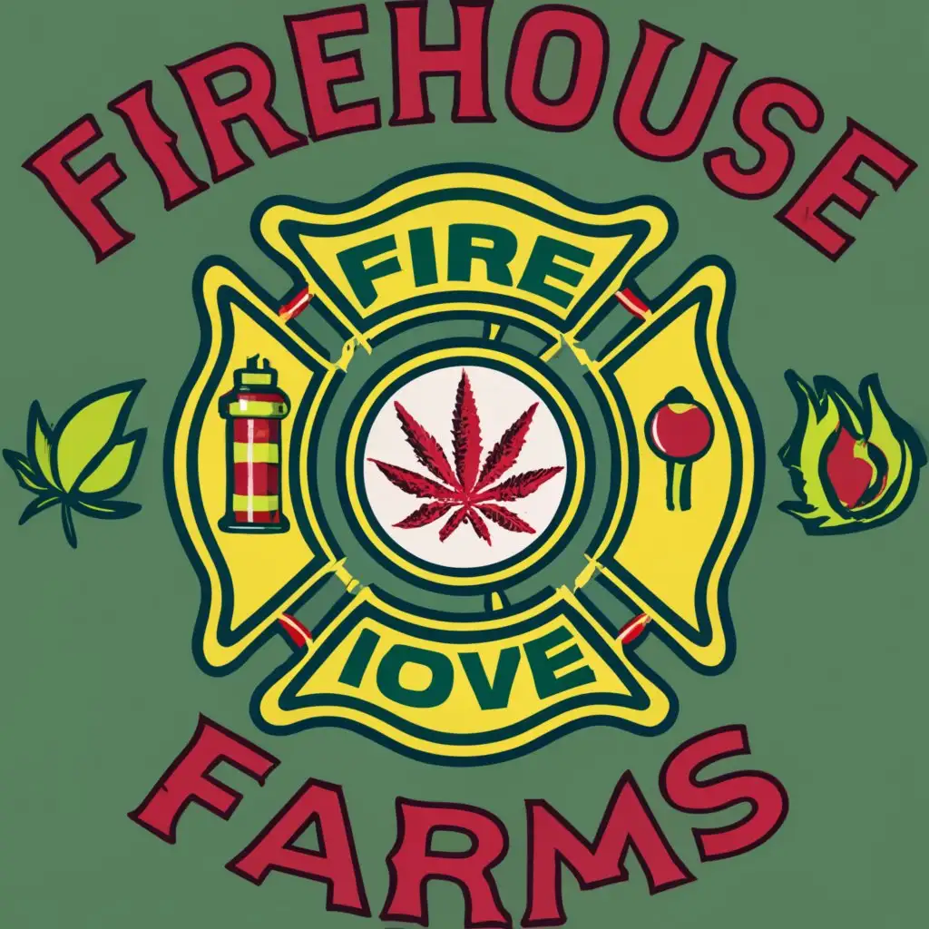 logo, Cannabis and firefighting 
, with the text "FIREHOUSE FARMS", typography