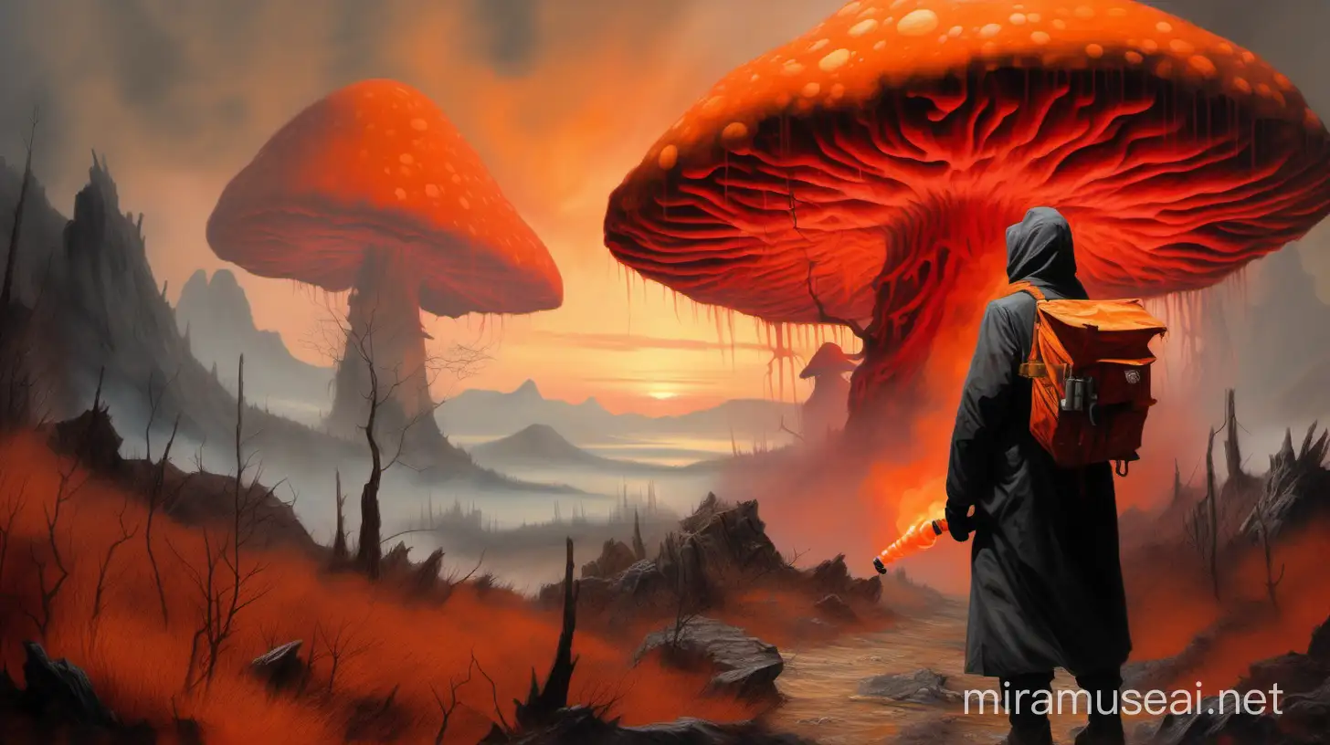 a painting of mountain landscape, covered by big orange and red glowing mushrooms and no other plants, with heavy orange spore fog, at the sunset, with a man wearing a heavy cloak and gas mask and a flamethrower, post apocalytpic, oil painting