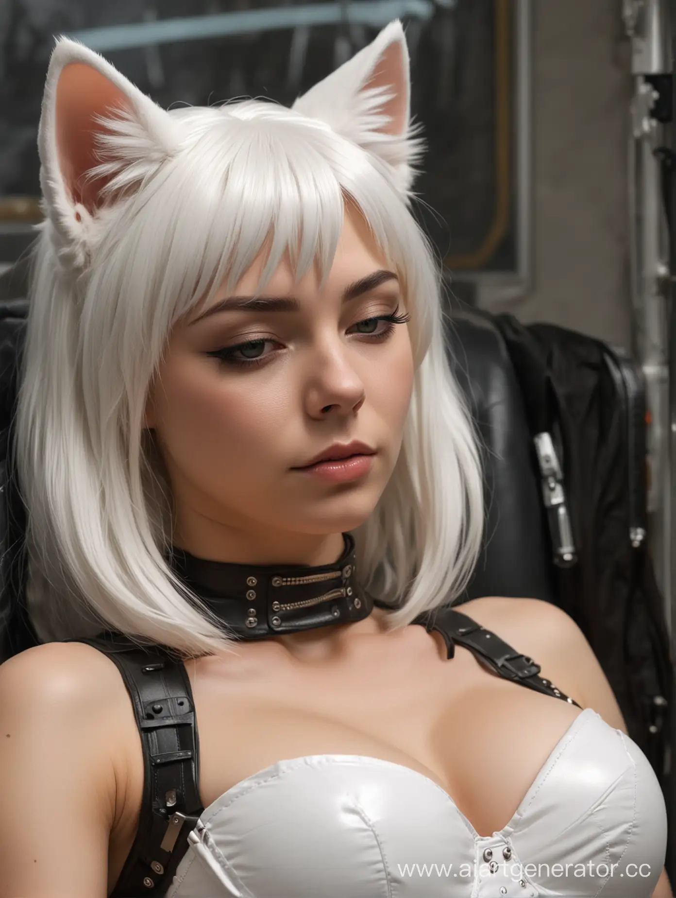 Sleeping synthetic female catgirl, shoulder length white hair, realistic white cat ears, 8k, highly detailed, inside glass sarcophagus, cyberpunk, leather underbust corset, exposed breasts, medium bust, battery indicator, low battery, old sci-fi movie, shot on 16mm film, grainy 16mm film, retro 1970s aesthetic, tubes and wires exposed, carbon fiber legs