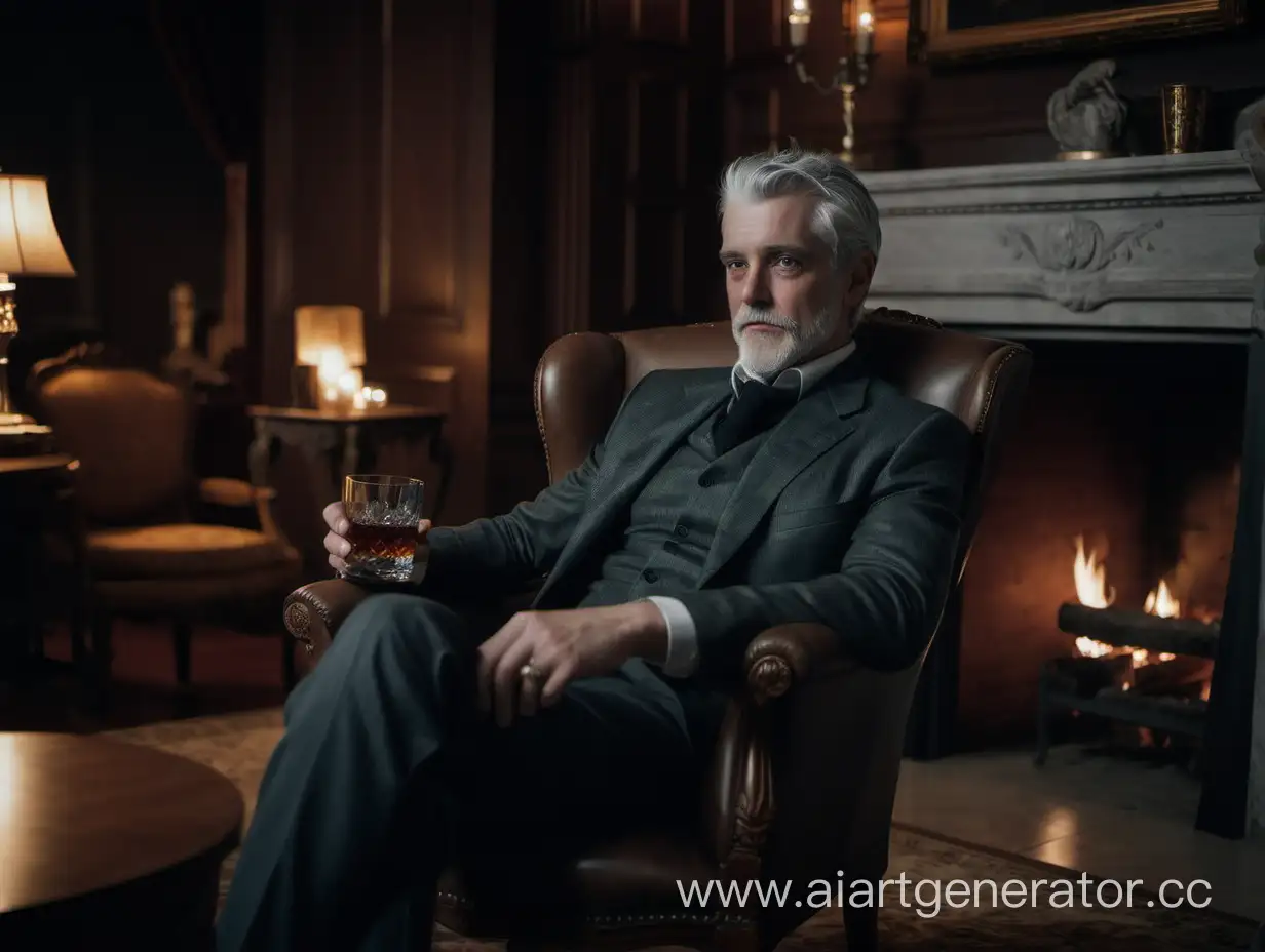 gray-haired man sitting in a chair, in a mansion, in front of a fireplace, drinking whiskey