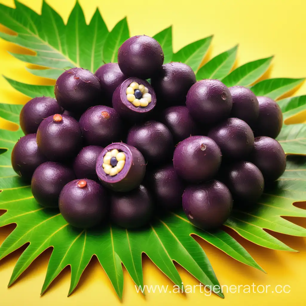 Vibrant-CloseUp-of-Acai-Fruit-with-Fresh-Green-Leaf-on-Bright-Yellow-Background