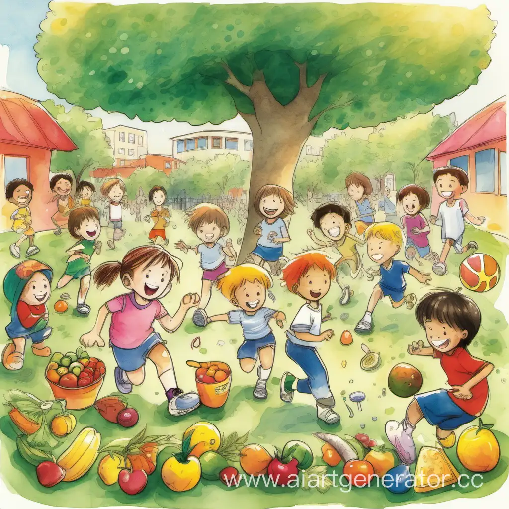 [Рисунок показывает счастливую группу детей, играющих в парке или на площадке. Они улыбаются, веселятся и занимаются спортом. Некоторые из них могут быть заняты рисованием, чтением книги или игрой в мяч. Вокруг детей изображены яркие цветы, деревья и солнце. На заднем плане можно видеть различные символы здорового образа жизни, такие как фрукты и овощи, бутылка воды, спортивные инвентарь и т. д. Внизу рисунка написано "Стоп наркотикам!" крупными буквами иллюстрациями, составленными из разноцветных цветов. ]