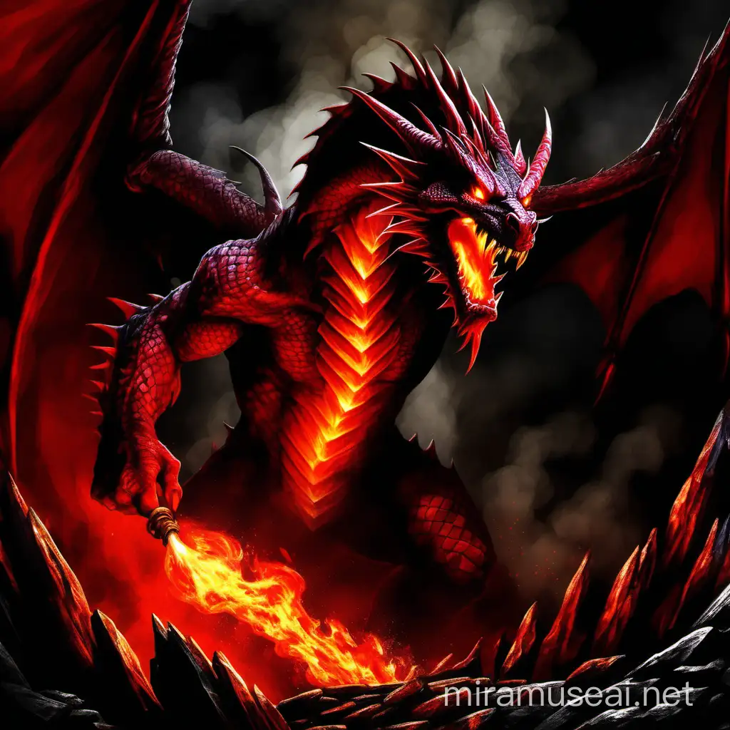 red dragon, angry, fire in mouth, glowing firey eyes, dark dungeon background