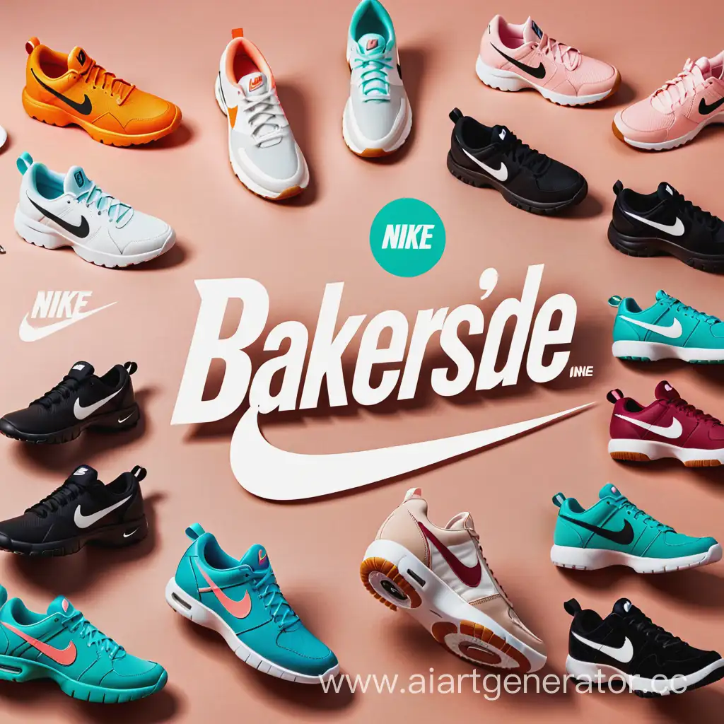 Сделай  картинку со словом "BAKERSIDE" на фоне оригинальных вещей Nike