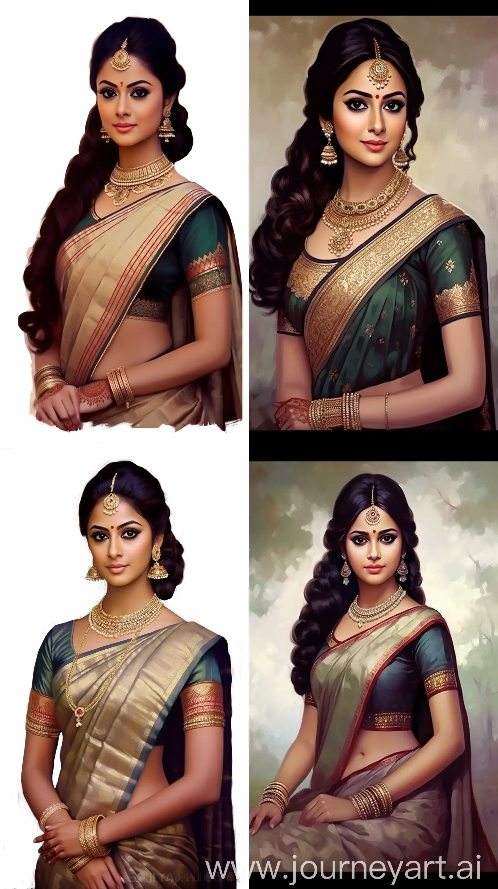 Beautiful young Indian woman in her late twenties, in a brownish saree, black long hair, intricate details, 8k quality image in Raj Ravi Varma art style --ar 9:16 --v 5.2