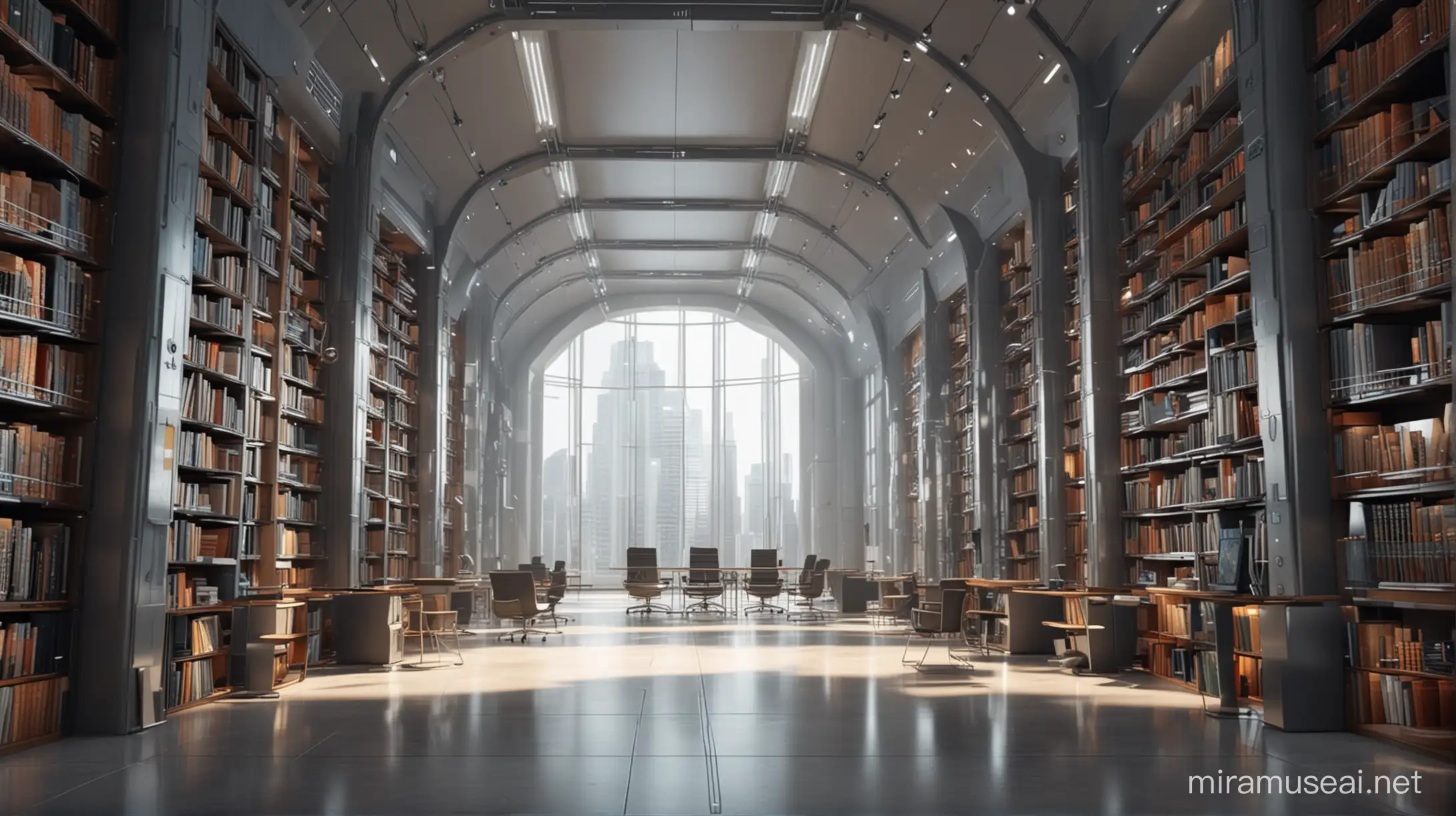 A futuristic Library background ultra-realistic. Modern architecture. Photorealistic 4k HD