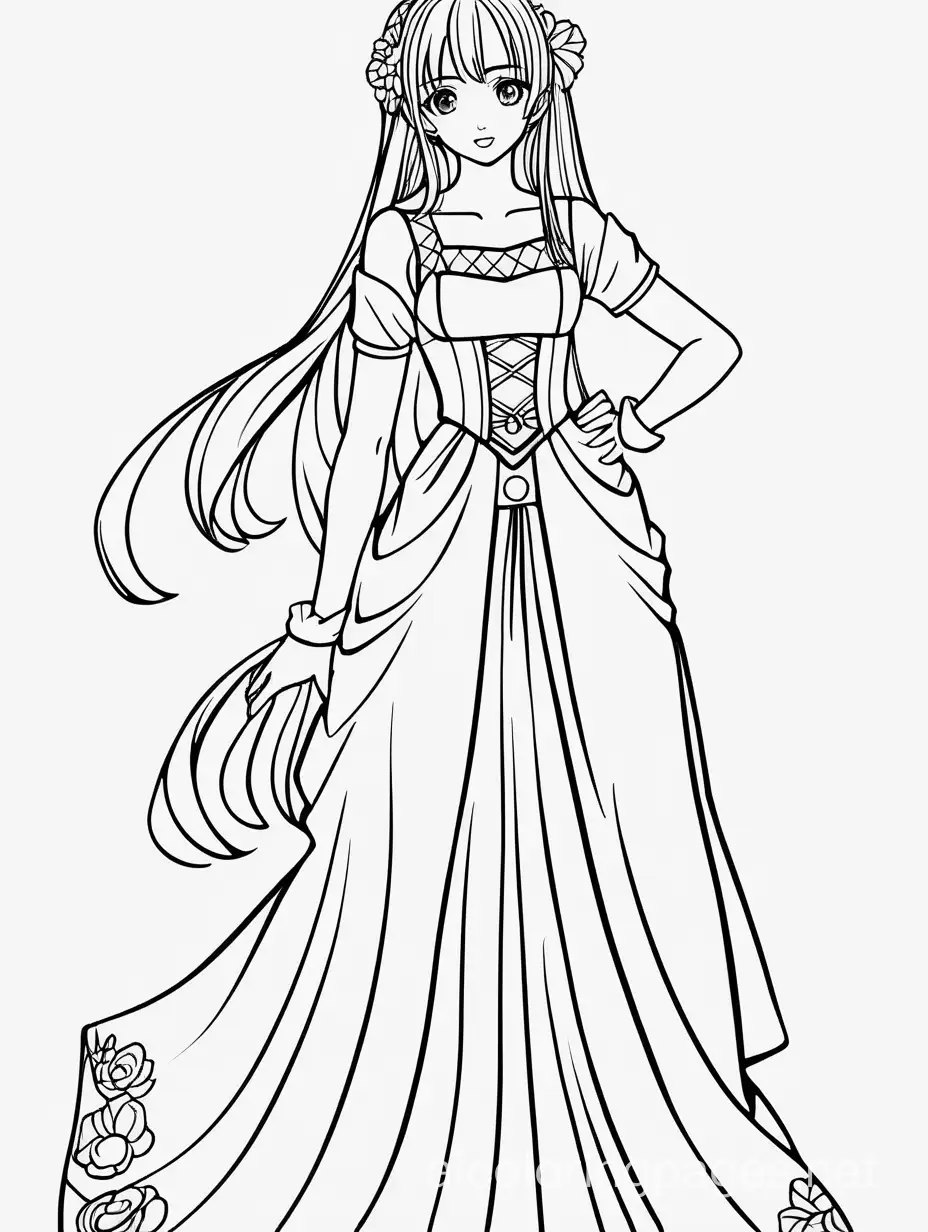 anime woman with a pretty dress

, Coloring Page, black and white, line art, white background, Simplicity, Ample White Space. The background of the coloring page is plain white to make it easy for young children to color within the lines. The outlines of all the subjects are easy to distinguish, making it simple for kids to color without too much difficulty