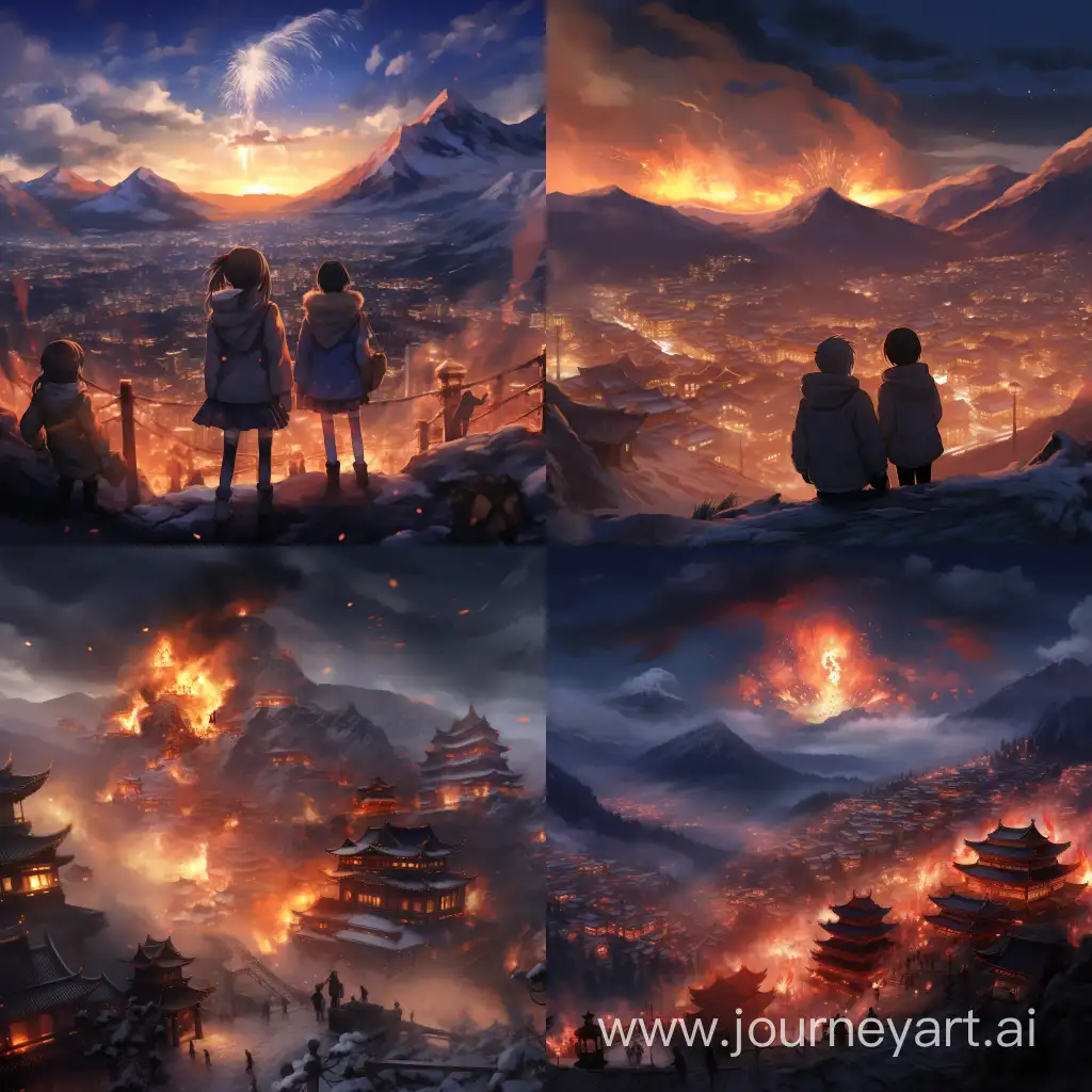 Стиль аниме.Зимней ночью на горе,где стоит китайская школа, всё полыхает в огне, всё в хаосе и бедствии