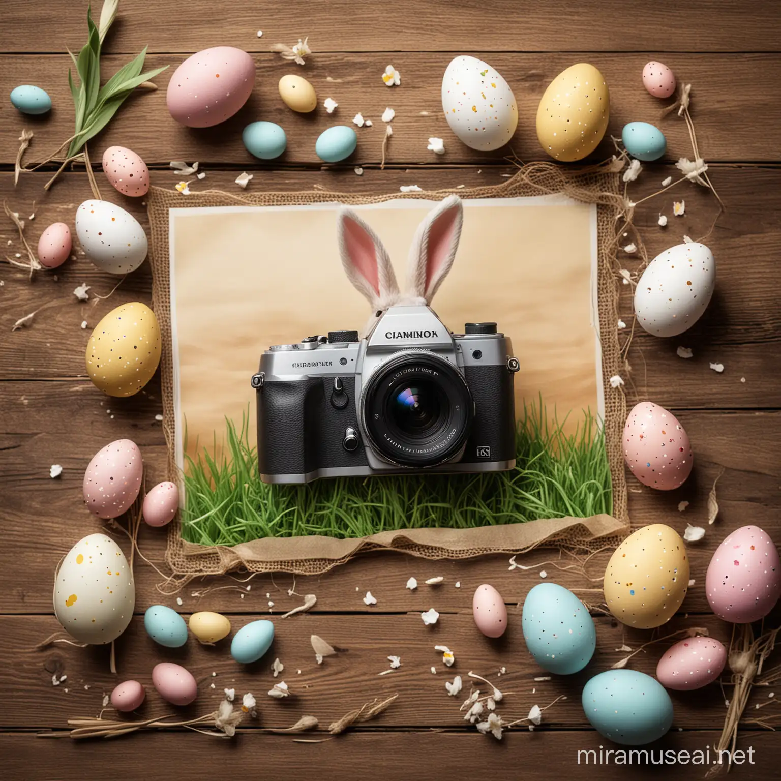 create an happy easter image with a photo camera nearby