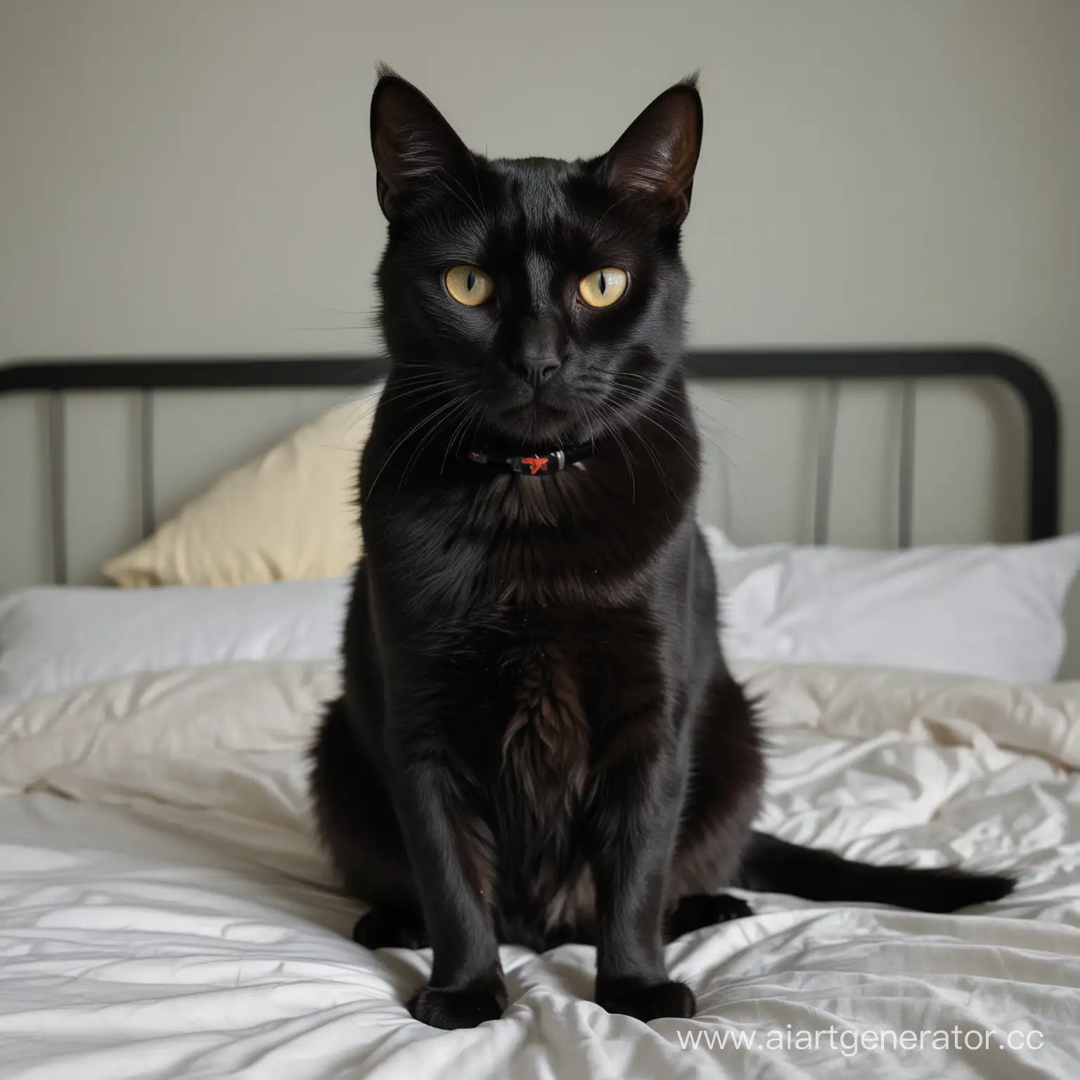 Черный кот сидящий на кровати, с высоким воротником, прикрытым раненым глазом, сидит и смотрит в камеру.