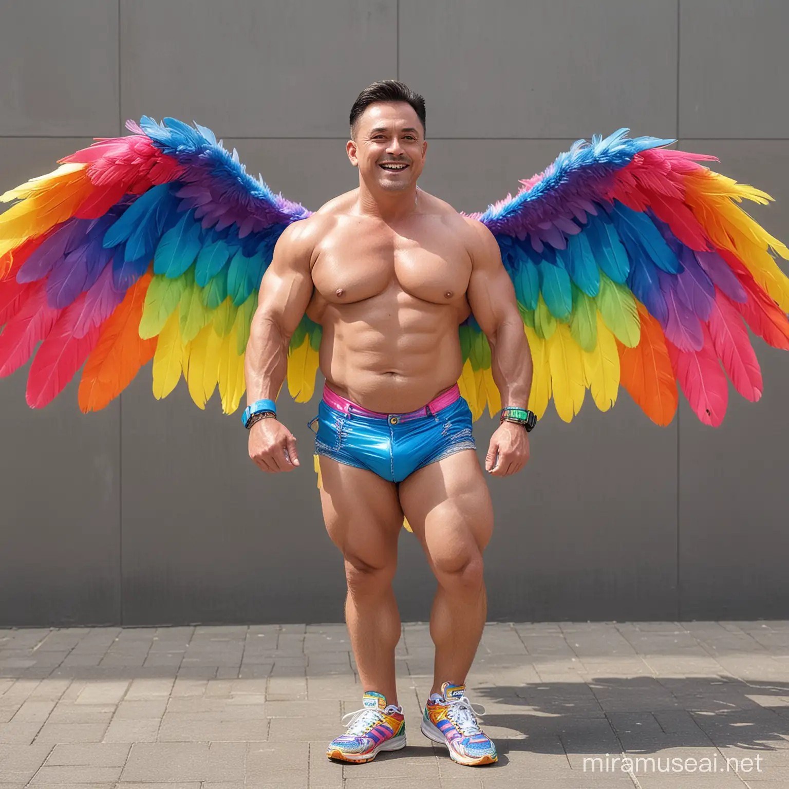 Full Body to feet Topless Happy 30s Ultra Chunky IFBB Bodybuilder Daddy wearing Multi-Highlighter Bright Rainbow Coloured See Through Eagle Wings Shoulder Jacket Short shorts Arms Up Doraemon