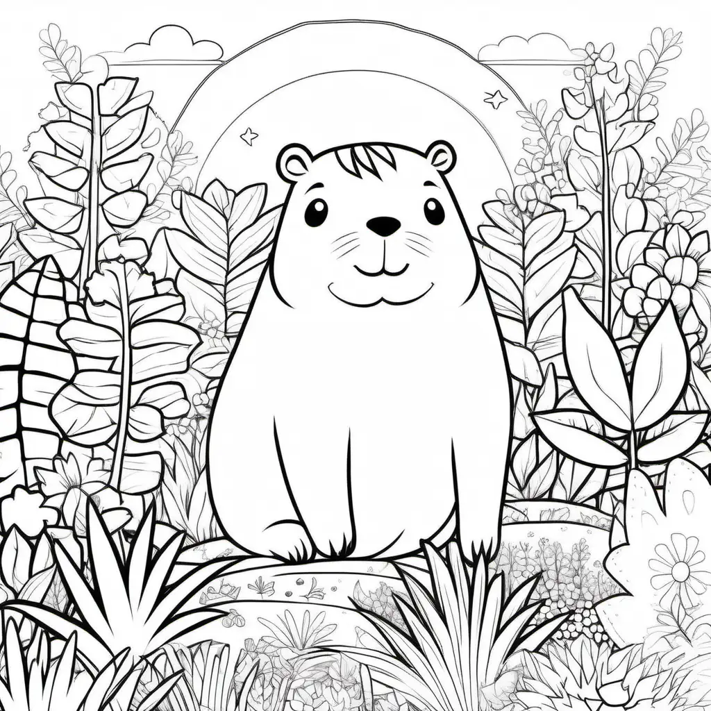  Illustrate a heartwarming scene for a 5-year-old's colouring book, showcasing an adorable kawaii capybara set against a backdrop of whimsical plants, colourful flowers, and a radiant sun; opt for pronounced outer lines without any filling