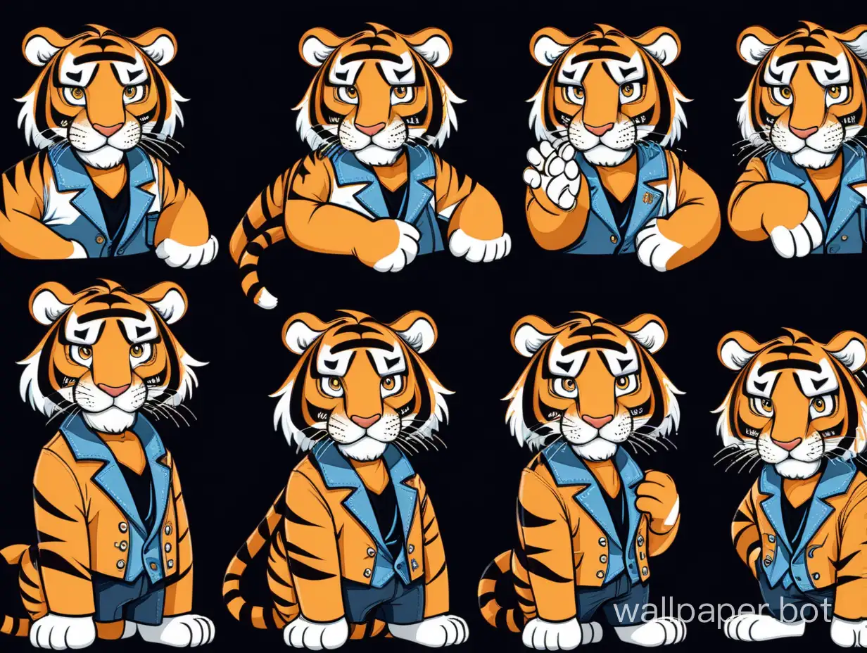 six images of a kind tiger in modern clothing on a black background in a cartoon style