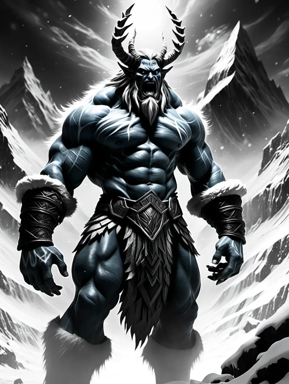 Ymir the First Jotunn Majestic Frost Giant in Grayscale