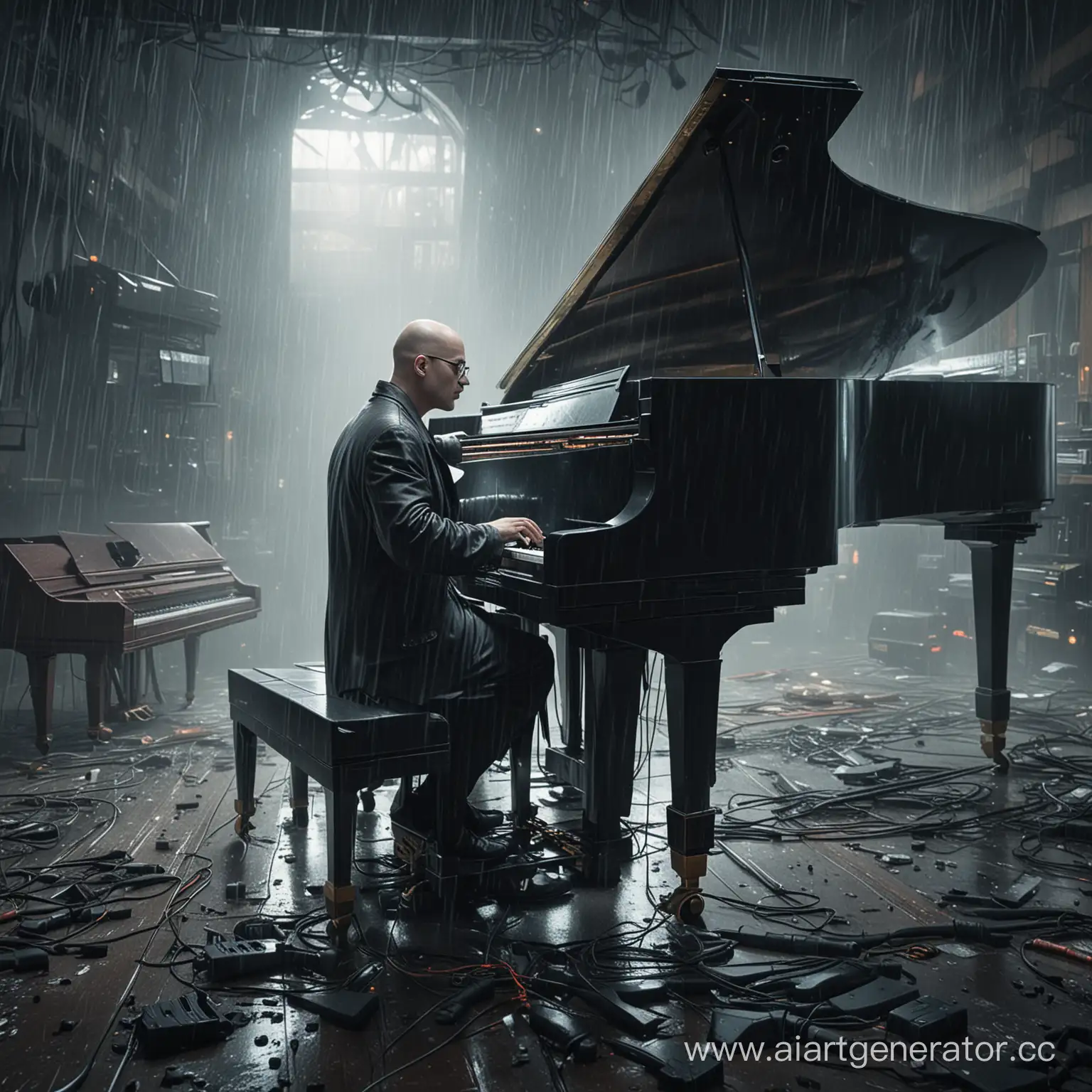 Лысый мужчина, в очках, играет на огромном электро-рояле, гроза, атмосфера киберпанк 