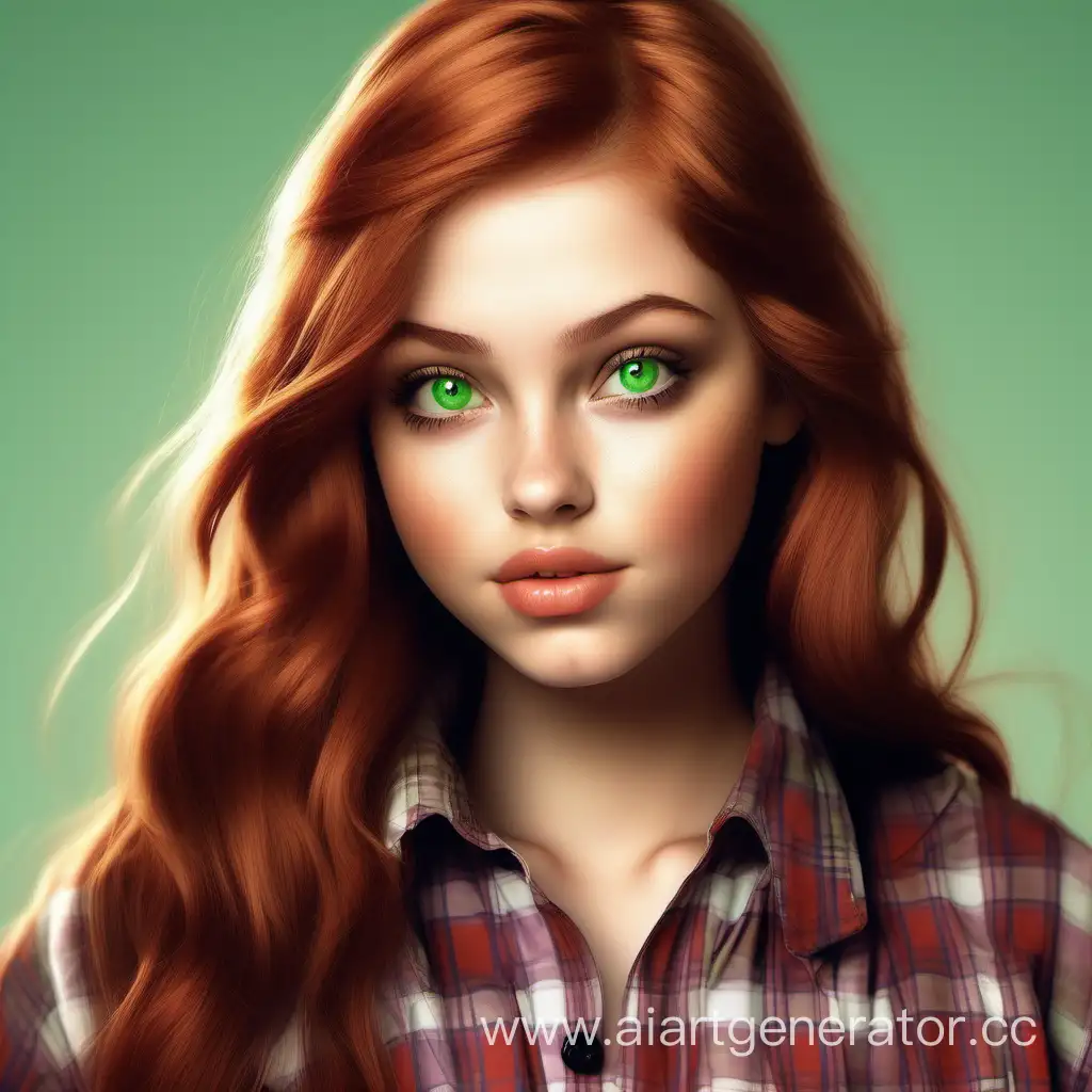 Девушка с прямыми каштановыми волосами и яркими зелеными глазами. пухлыми губами без сильного макияжа. Похожа на диснеевского персонажа, но более реалистична. в рубашке  в клетку
