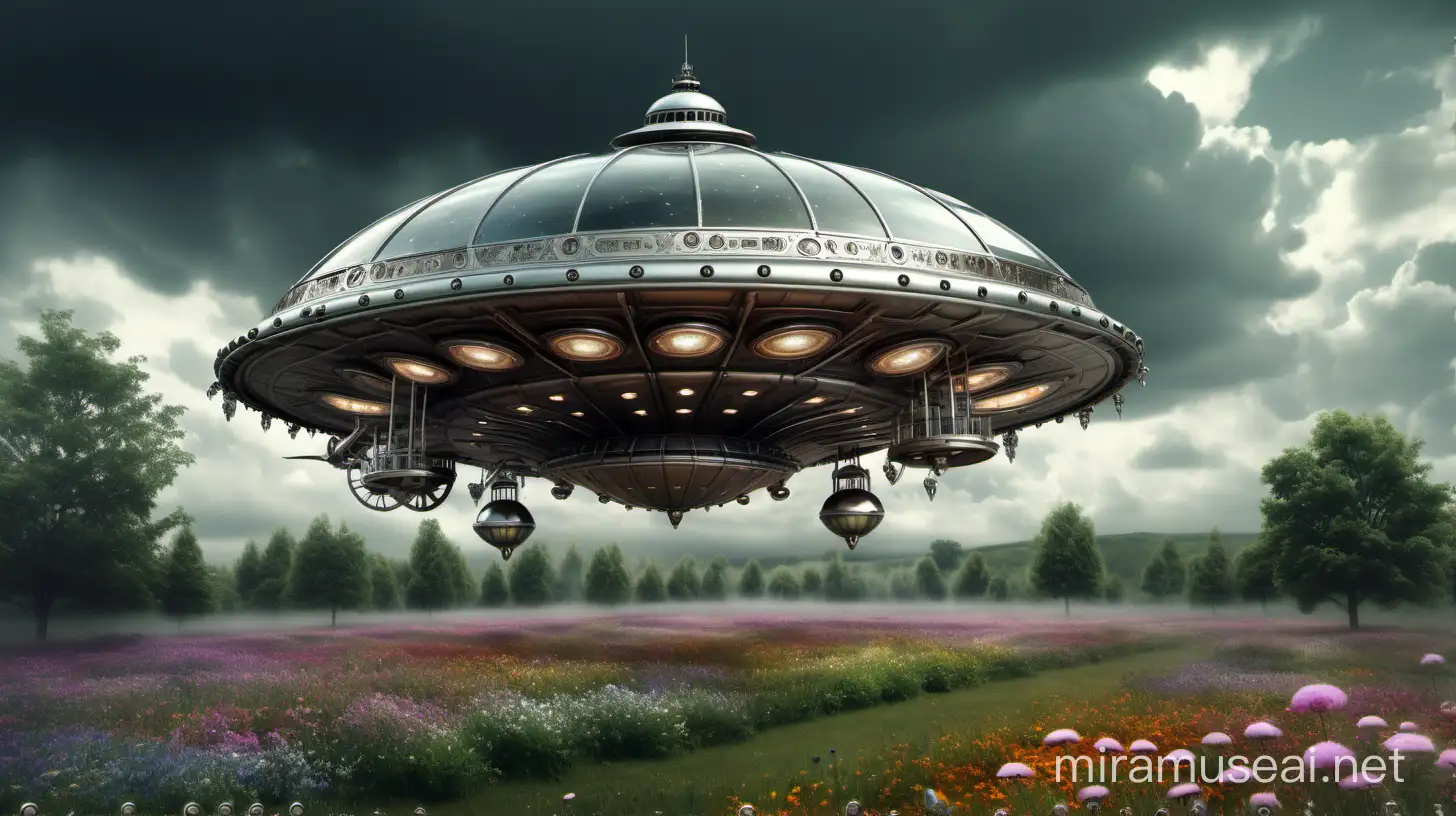 great steampunk flying saucer over a flower meadow. made of sliver and glass. big windows. many mechanical details. cloudy and rainy.