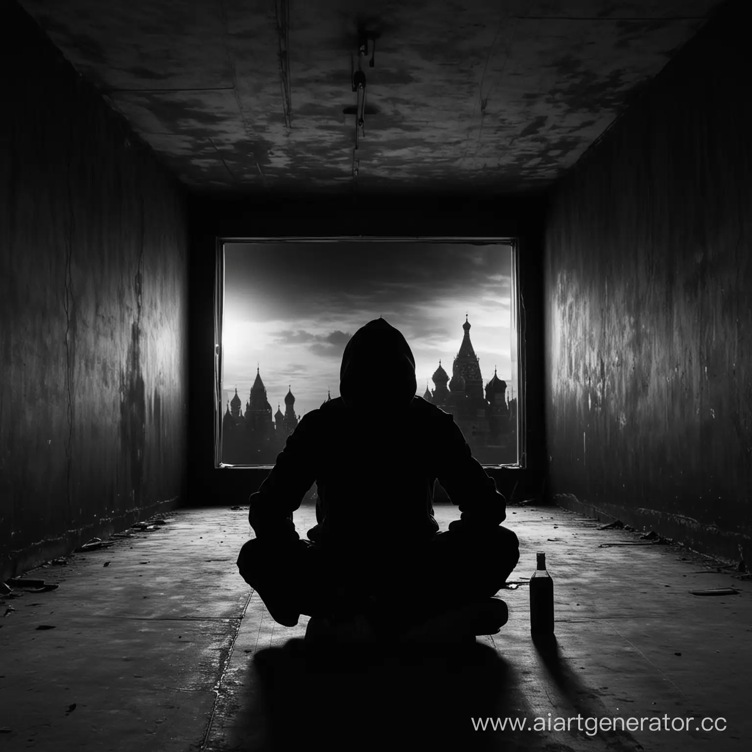 silhouette of a man in a hoodie in a black suit with a bottle of alcohol in his hand sits in an empty black room overlooking Moscow