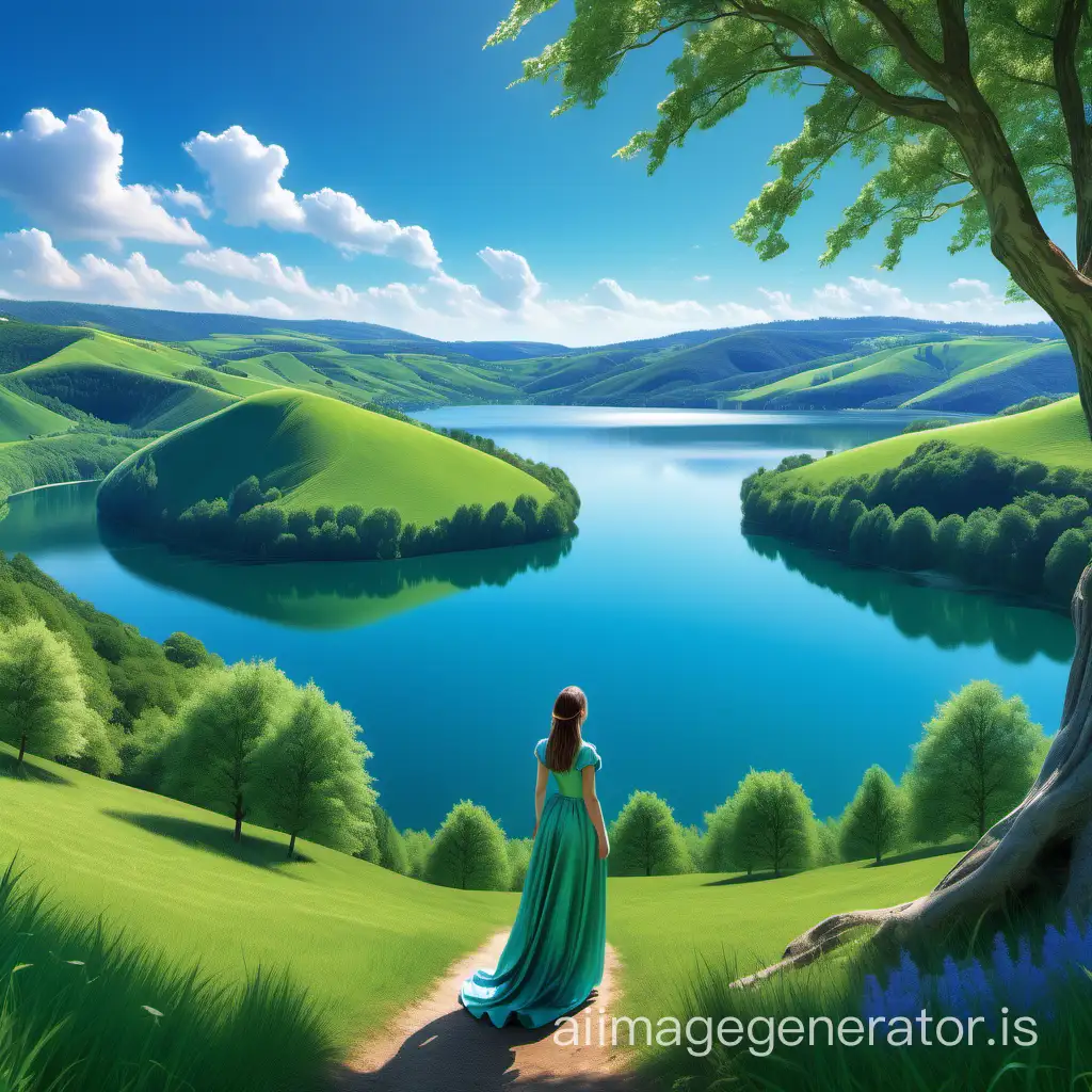 a magnificent landscape with green hills stretching as far as the eye can see, under a brilliant azure sky. In the distance, a sparkling lake and majestic trees sway gently in the gentle breeze. In the foreground, a young woman stands with her eyes closed, listening to the melodious song of nature around her.