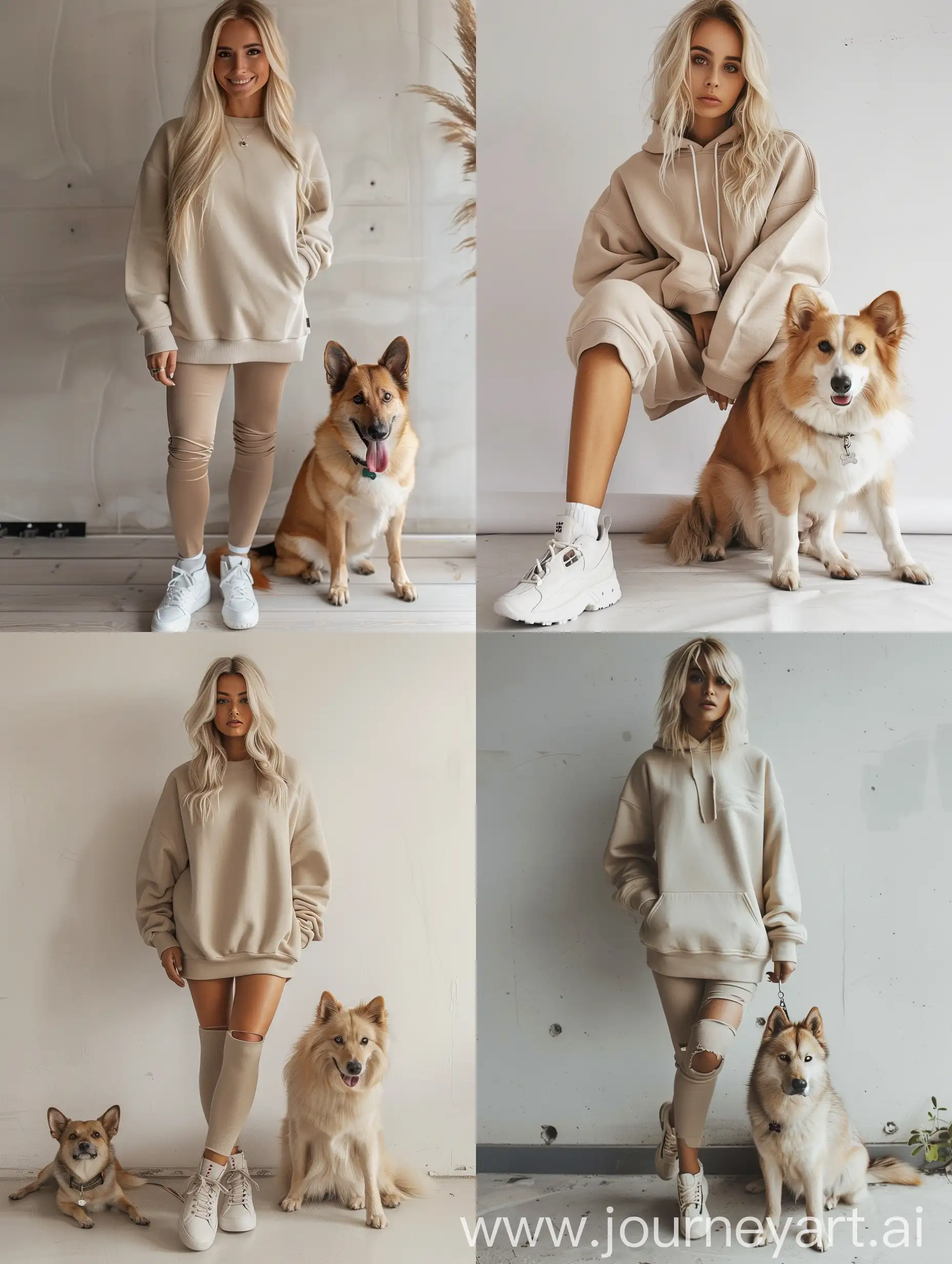 Fashionable-Blonde-Woman-Standing-Tall-in-Beige-Sweatshirt-with-Adorable-Dog