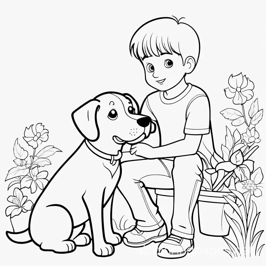 A boy and a dog, Coloring Page, black and white, line art, white background, Simplicity, Ample White Space. The background of the coloring page is plain white to make it easy for young children to color within the lines. The outlines of all the subjects are easy to distinguish, making it simple for kids to color without too much difficulty