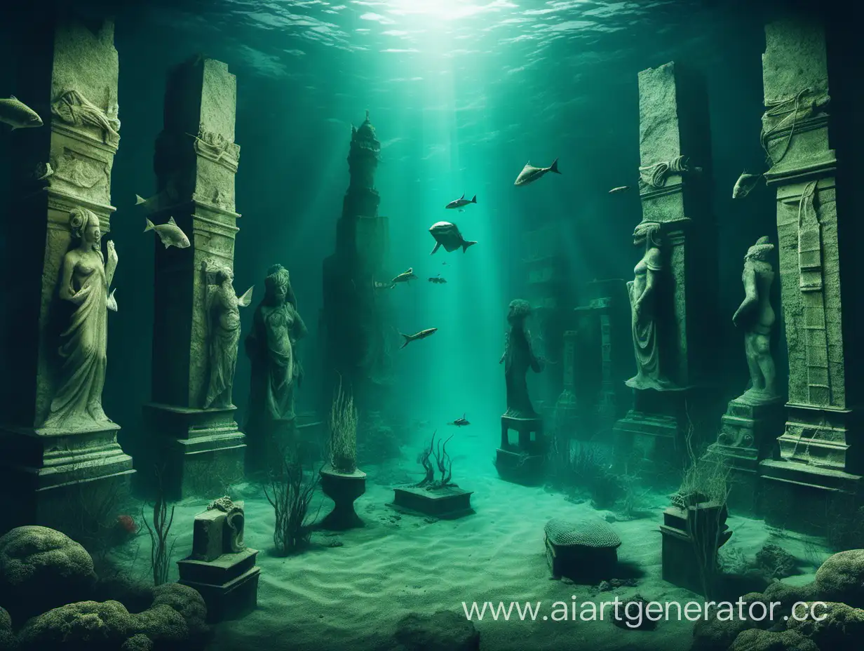тайны глубины с затонувшей статуей, рыбами и разваленнами 