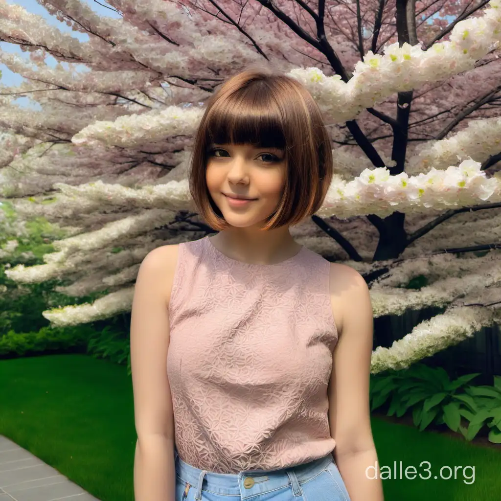 Фото: девушка, стрижка коричневое каре, стоит в красивом цветущем саду!