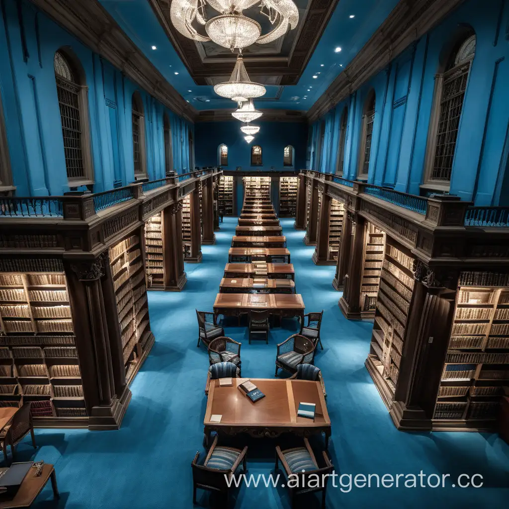 огромная библиотека ночью с синими стенами и мебелью и столами вид сверху тусклый свет