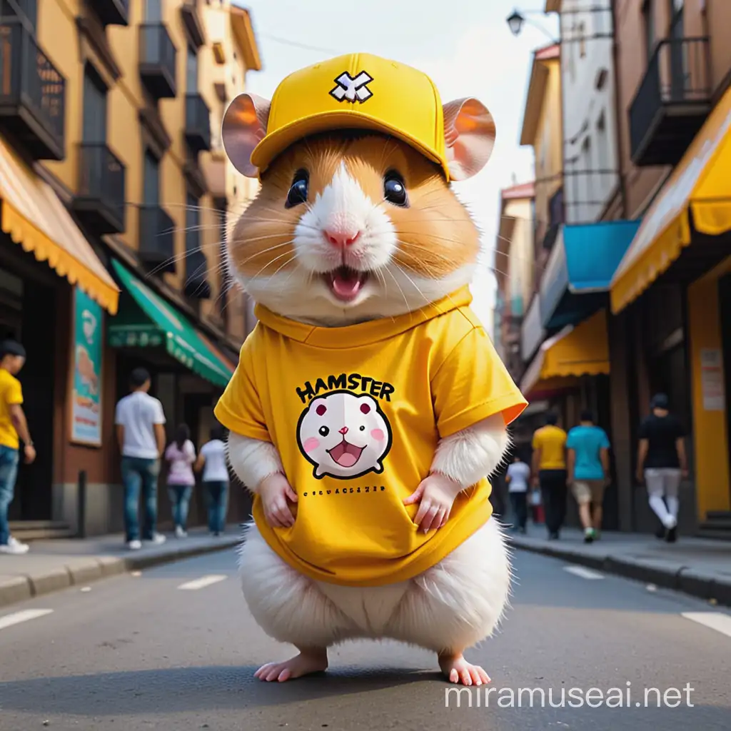 The hamster yellow t-shirt and yellow cap hip hop